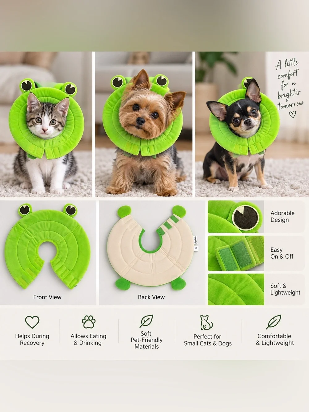 NWOT Green Frog Soft Recovery Collar for Small Pets by Alfie Pets